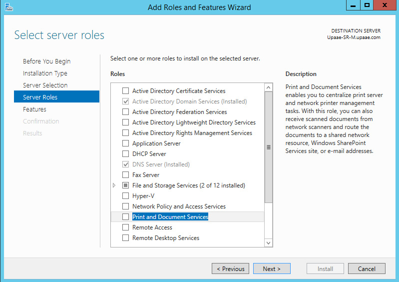 Installing Document and Print Services on windows server 2012