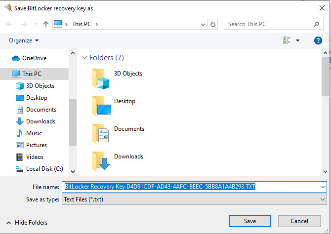 Save BitLocker encryption Key to a file.