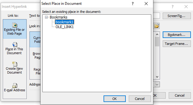 insert bookmark in word