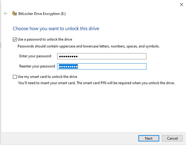 Enter a password for BitLocker Drive Encryption.