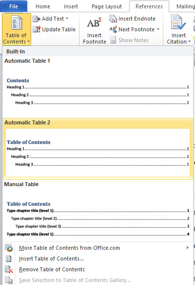 microsoft word table of contents nested