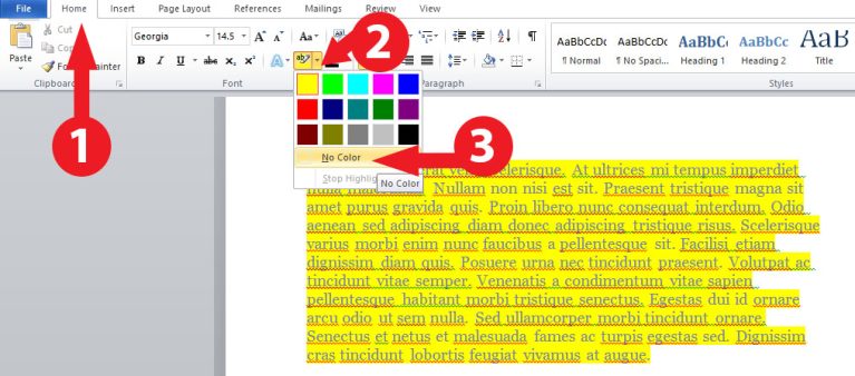 how to remove highlighting in word document