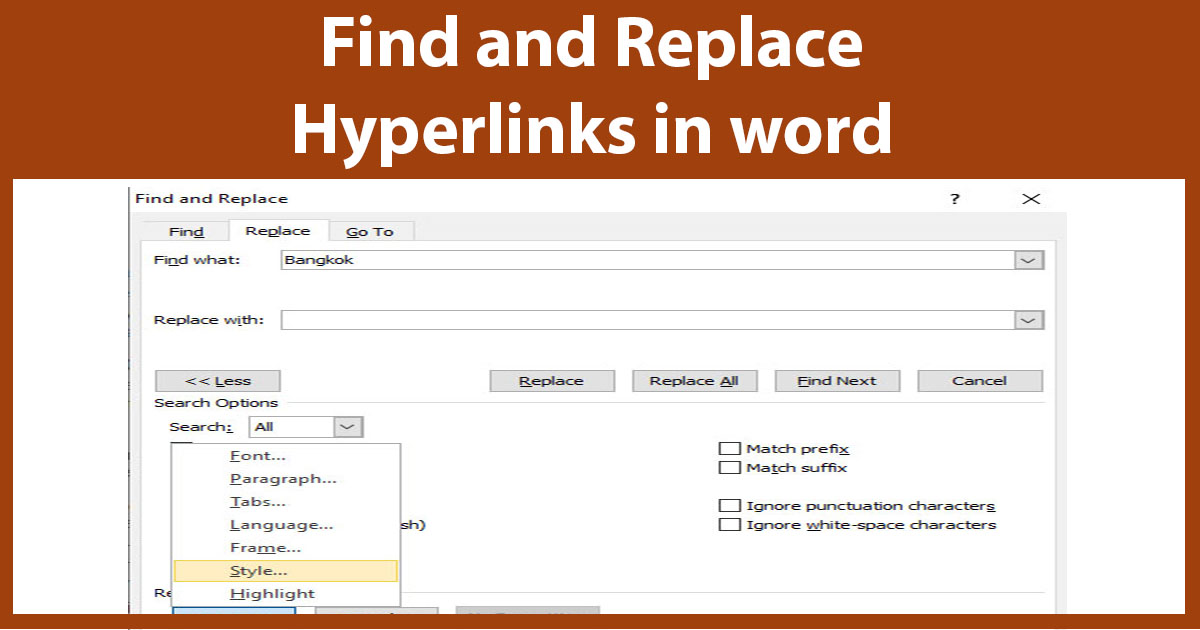 find and replace hyperlinks in word