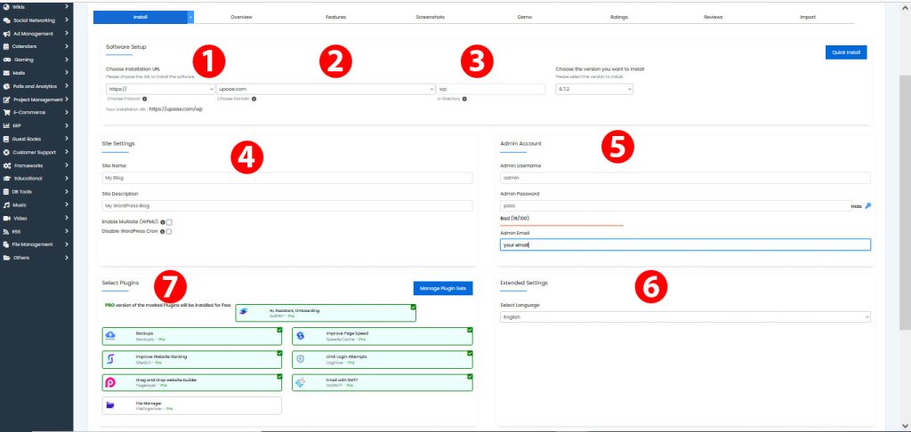 Fill in the installation details of your wordpress site